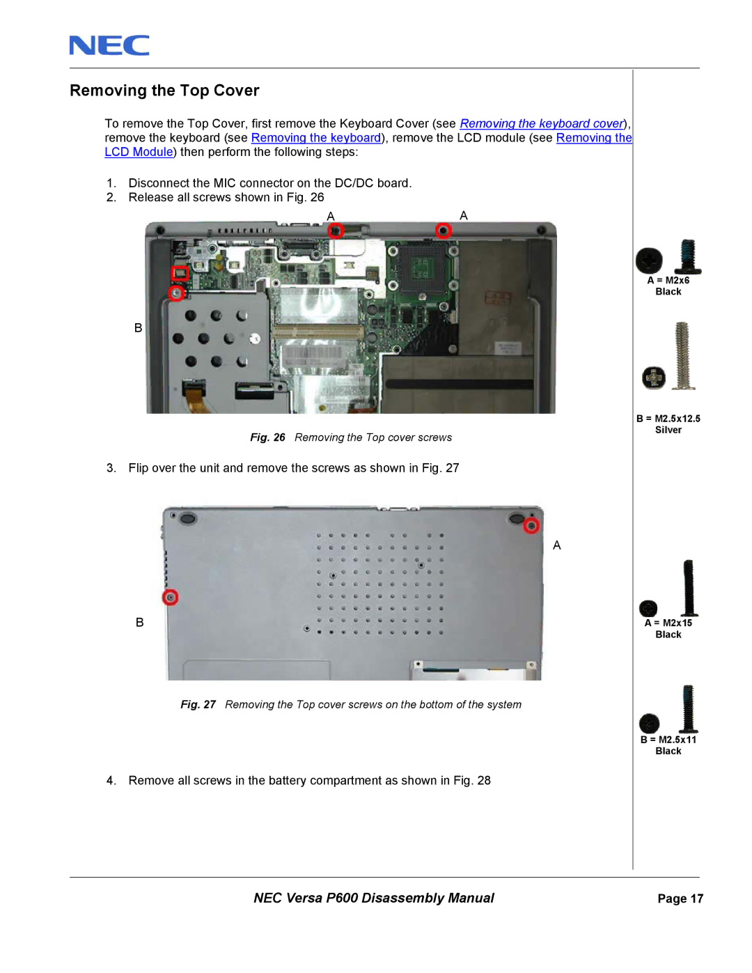 NEC P600 manual Removing the Top Cover, Removing the Top cover screws 