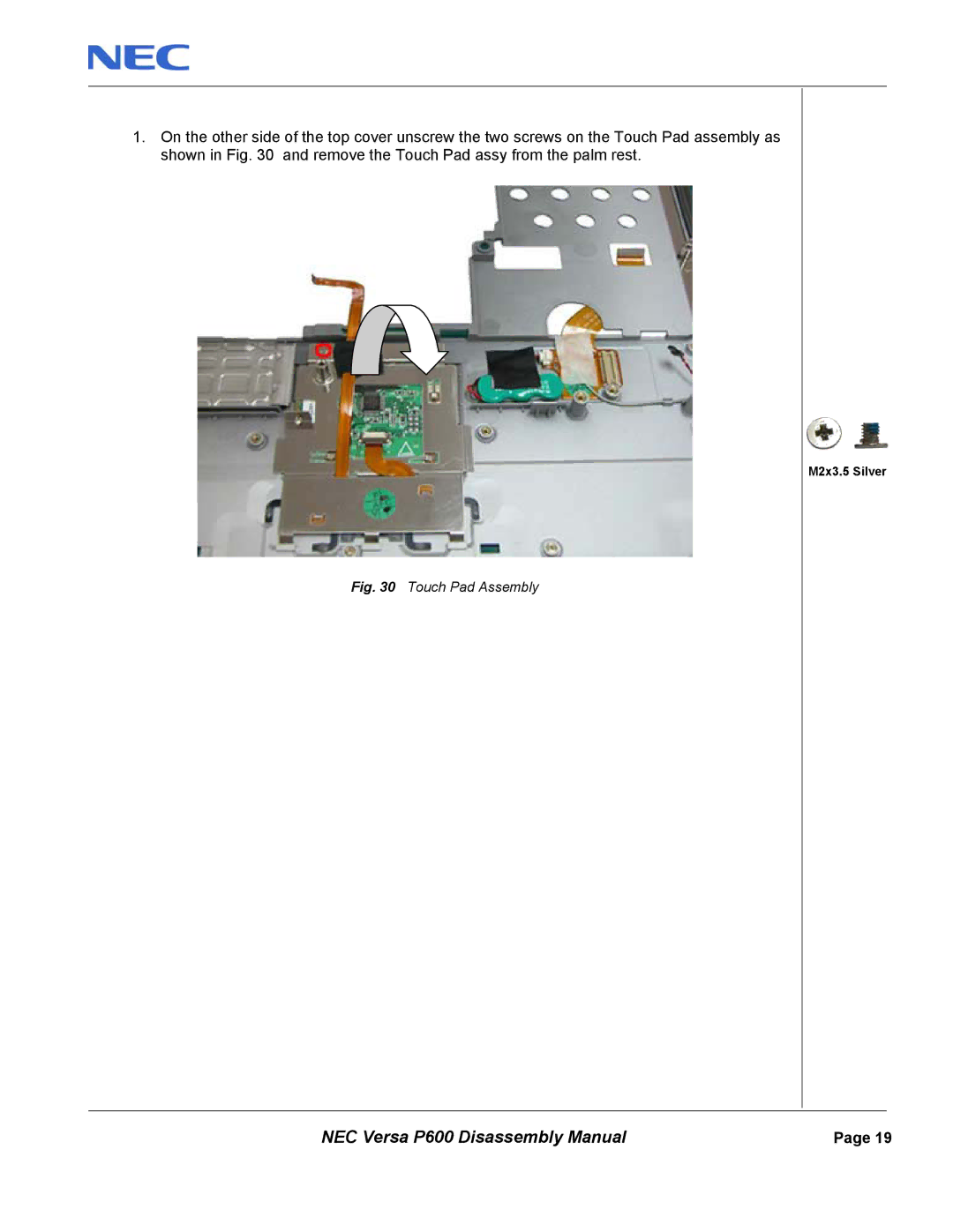 NEC P600 manual Touch Pad Assembly 