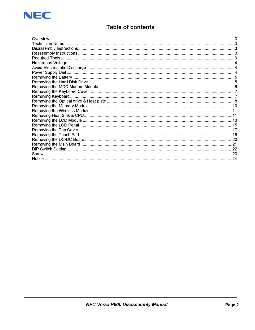 NEC P600 manual Table of contents 