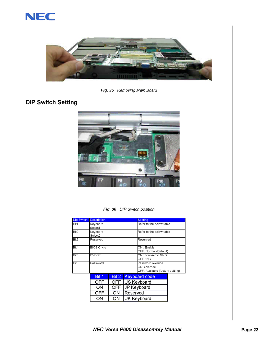 NEC P600 manual DIP Switch Setting, Dip Switch Description Seeting 