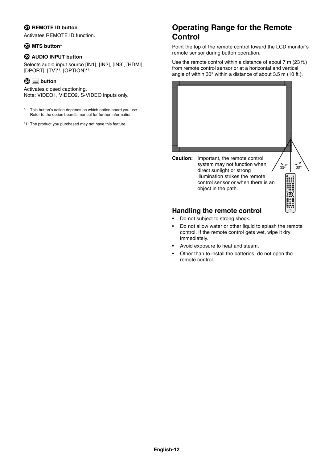 NEC P701AVT user manual Operating Range for the Remote Control, Handling the remote control 