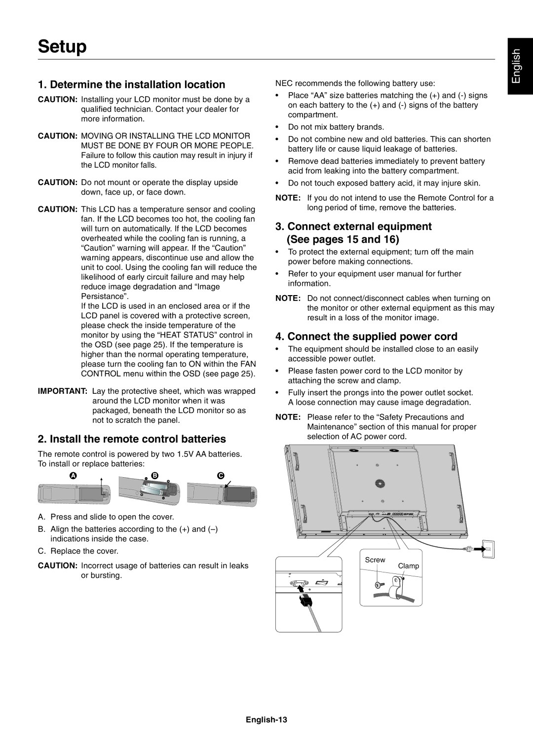 NEC P701AVT user manual Setup, Determine the installation location, Install the remote control batteries 