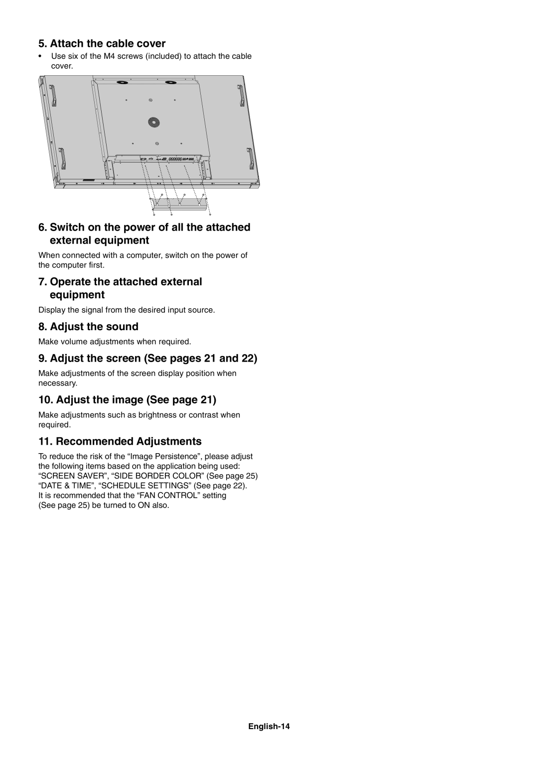 NEC P701AVT Attach the cable cover, Switch on the power of all the attached external equipment, Adjust the sound 