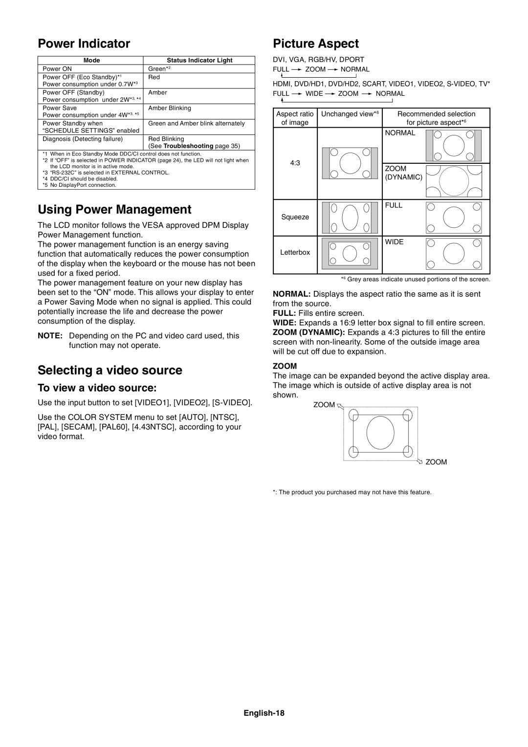 NEC P701AVT Power Indicator, Using Power Management, Selecting a video source, Picture Aspect, To view a video source 