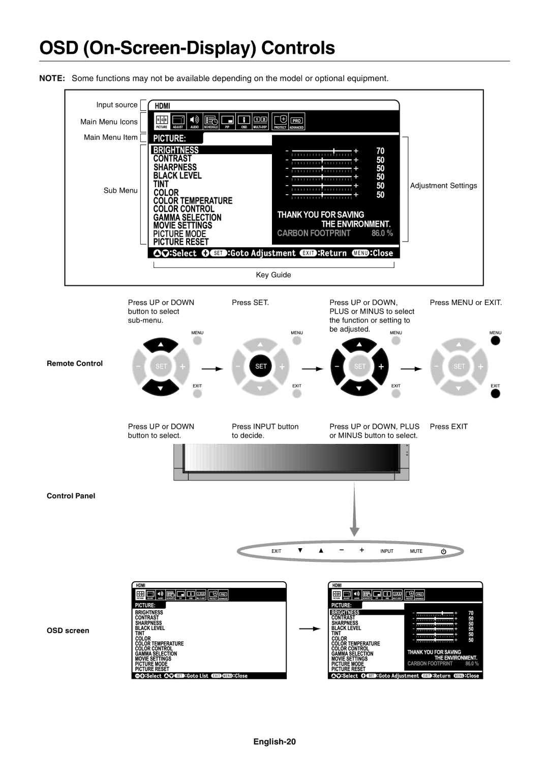 NEC P701AVT user manual OSD On-Screen-Display Controls, English-20 