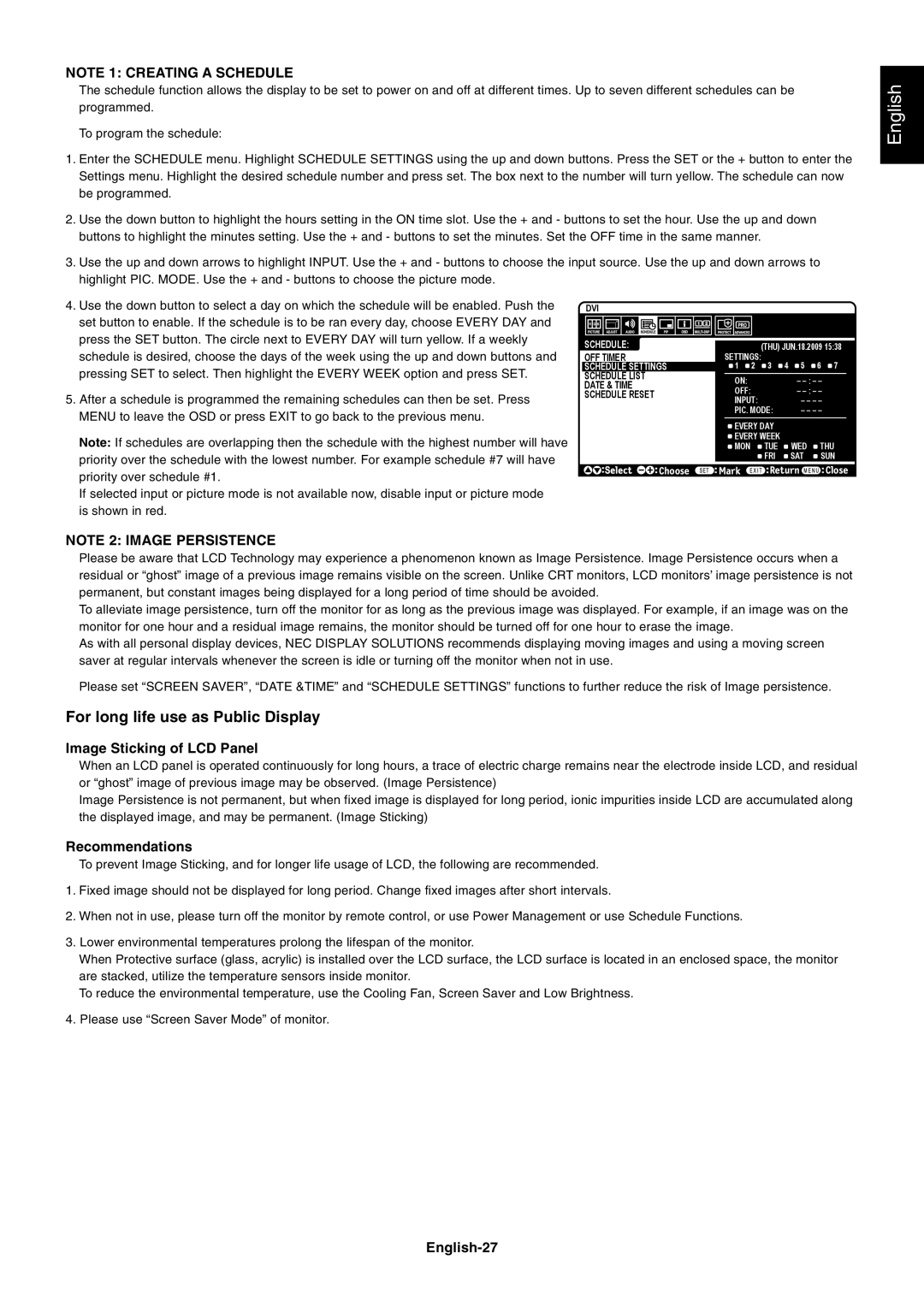 NEC P701AVT user manual Image Sticking of LCD Panel, Recommendations, English-27 