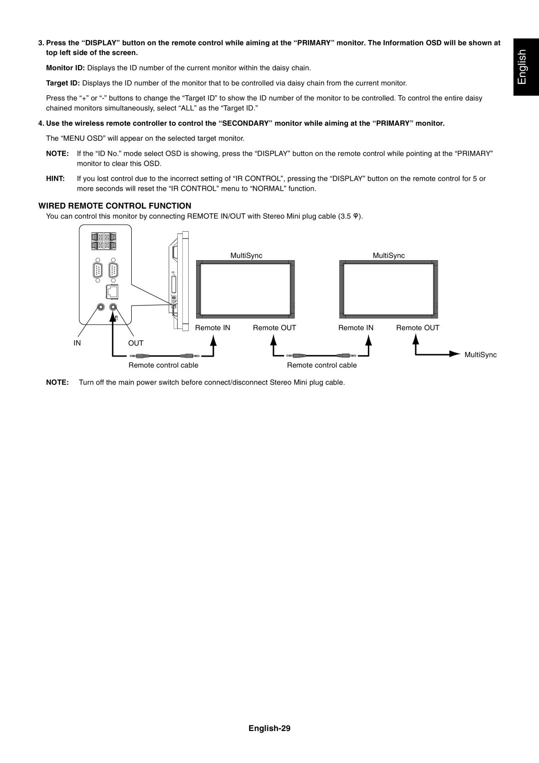 NEC P701AVT user manual Wired Remote Control Function, English-29, Inout 