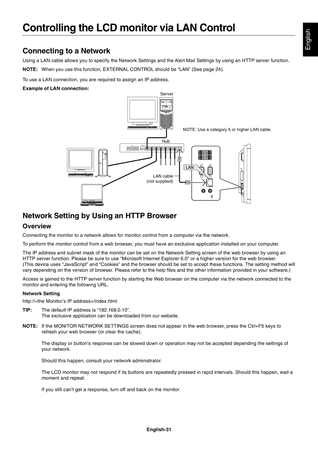 NEC P701AVT Controlling the LCD monitor via LAN Control, Connecting to a Network, Network Setting by Using an Http Browser 