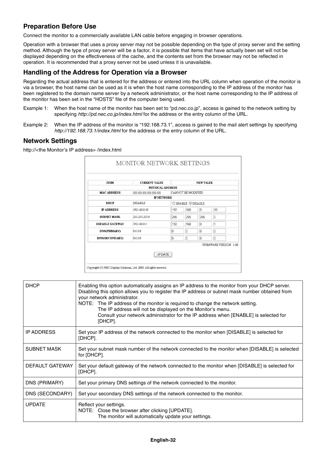 NEC P701AVT Preparation Before Use, Handling of the Address for Operation via a Browser, Network Settings, English-32 