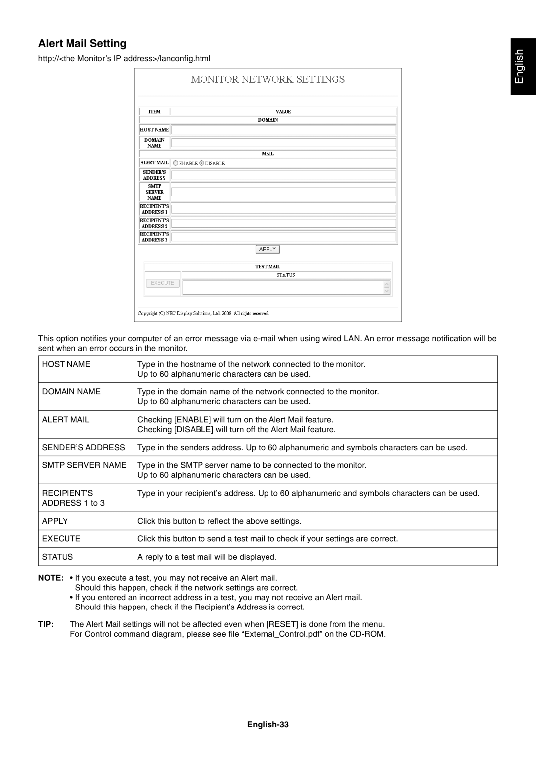 NEC P701AVT user manual Alert Mail Setting, English-33 