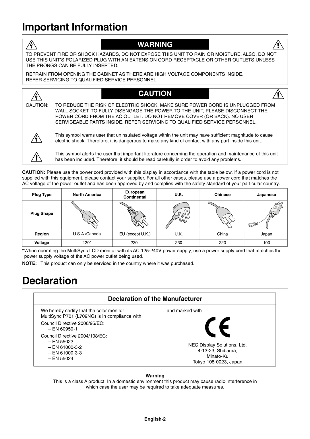 NEC P701AVT user manual Important Information, Declaration of the Manufacturer, English-2 