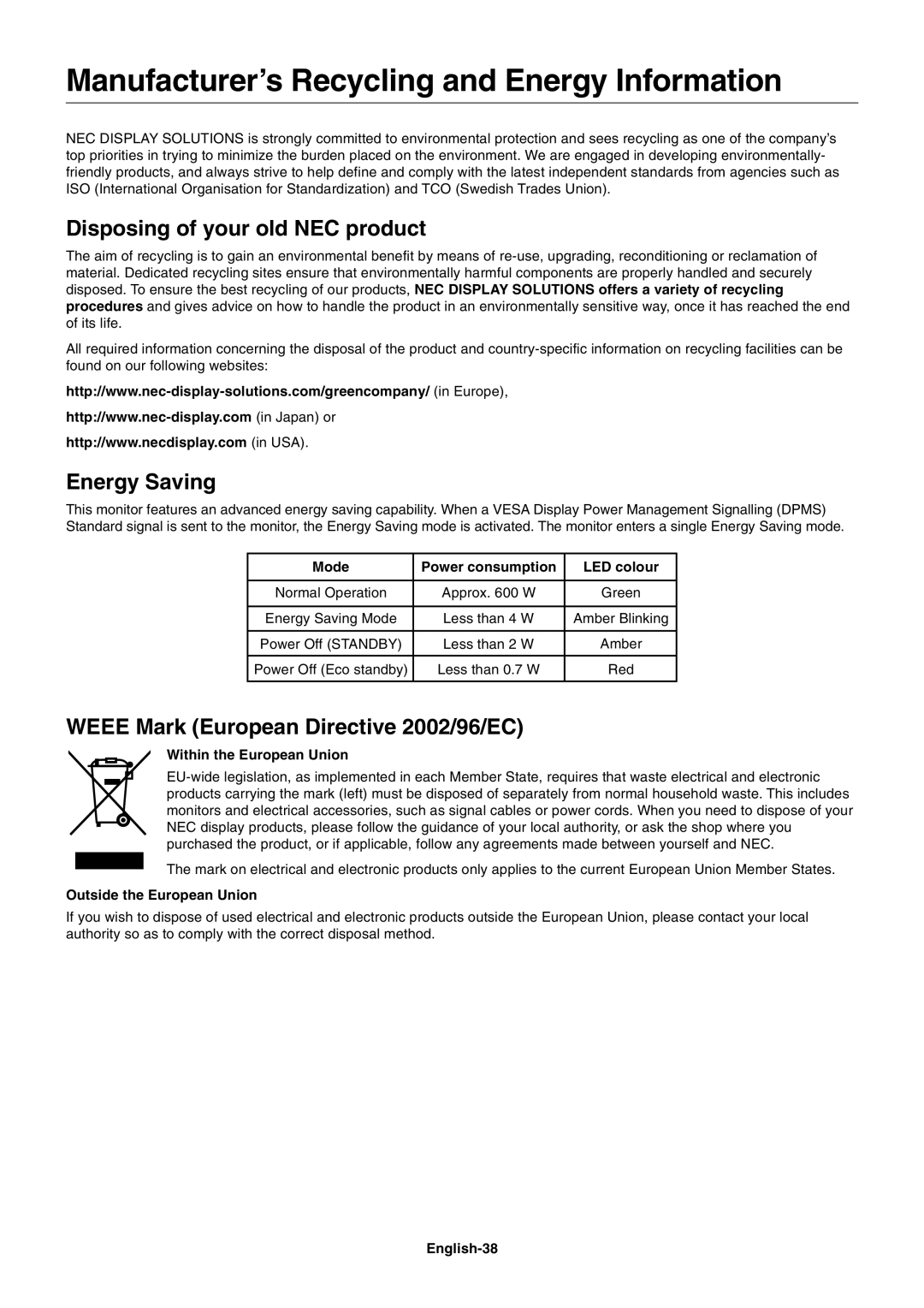 NEC P701AVT user manual Manufacturer’s Recycling and Energy Information, Disposing of your old NEC product, Energy Saving 