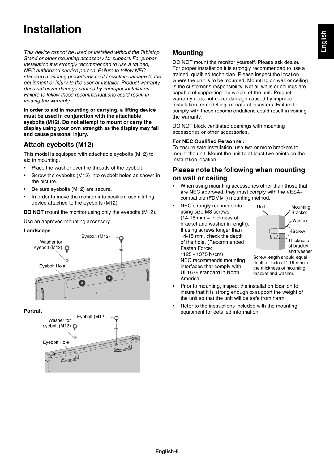 NEC P701AVT Installation, Attach eyebolts M12, Mounting, Please note the following when mounting on wall or ceiling 