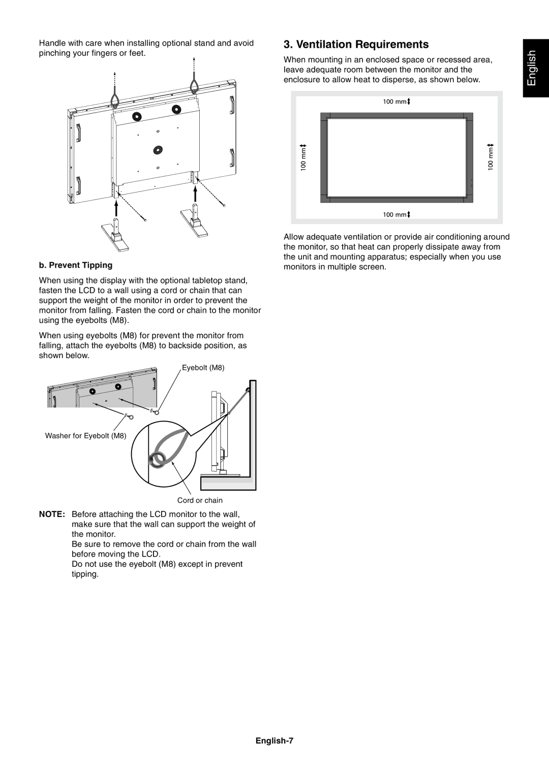 NEC P701AVT user manual Ventilation Requirements, Prevent Tipping, English-7 