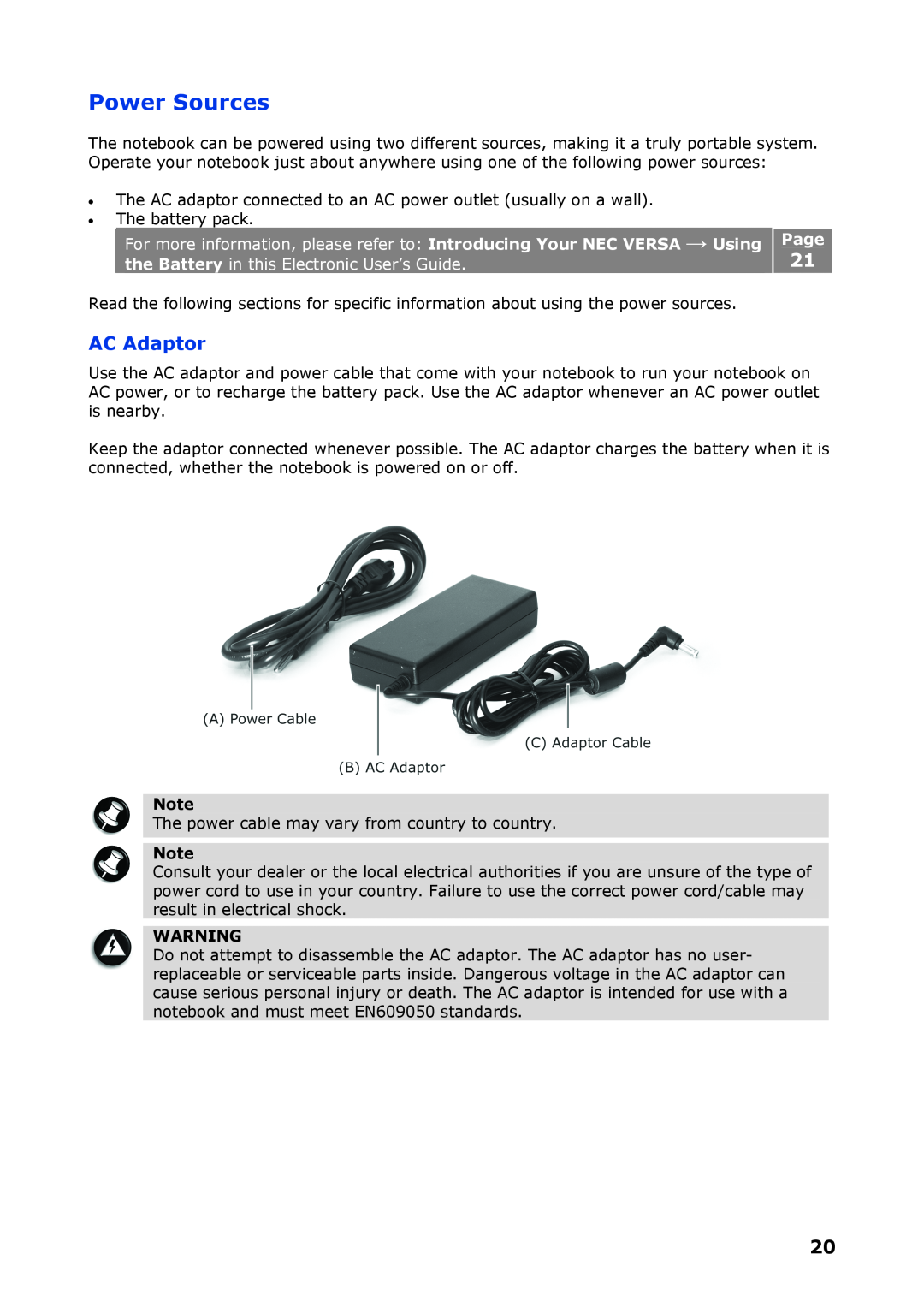 NEC P8510 manual Power Sources, AC Adaptor, the Battery in this Electronic User’s Guide, Page 
