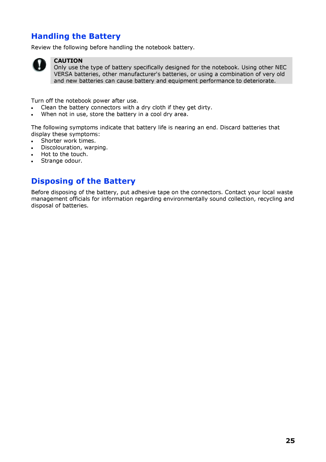 NEC P8510 manual Handling the Battery, Disposing of the Battery 