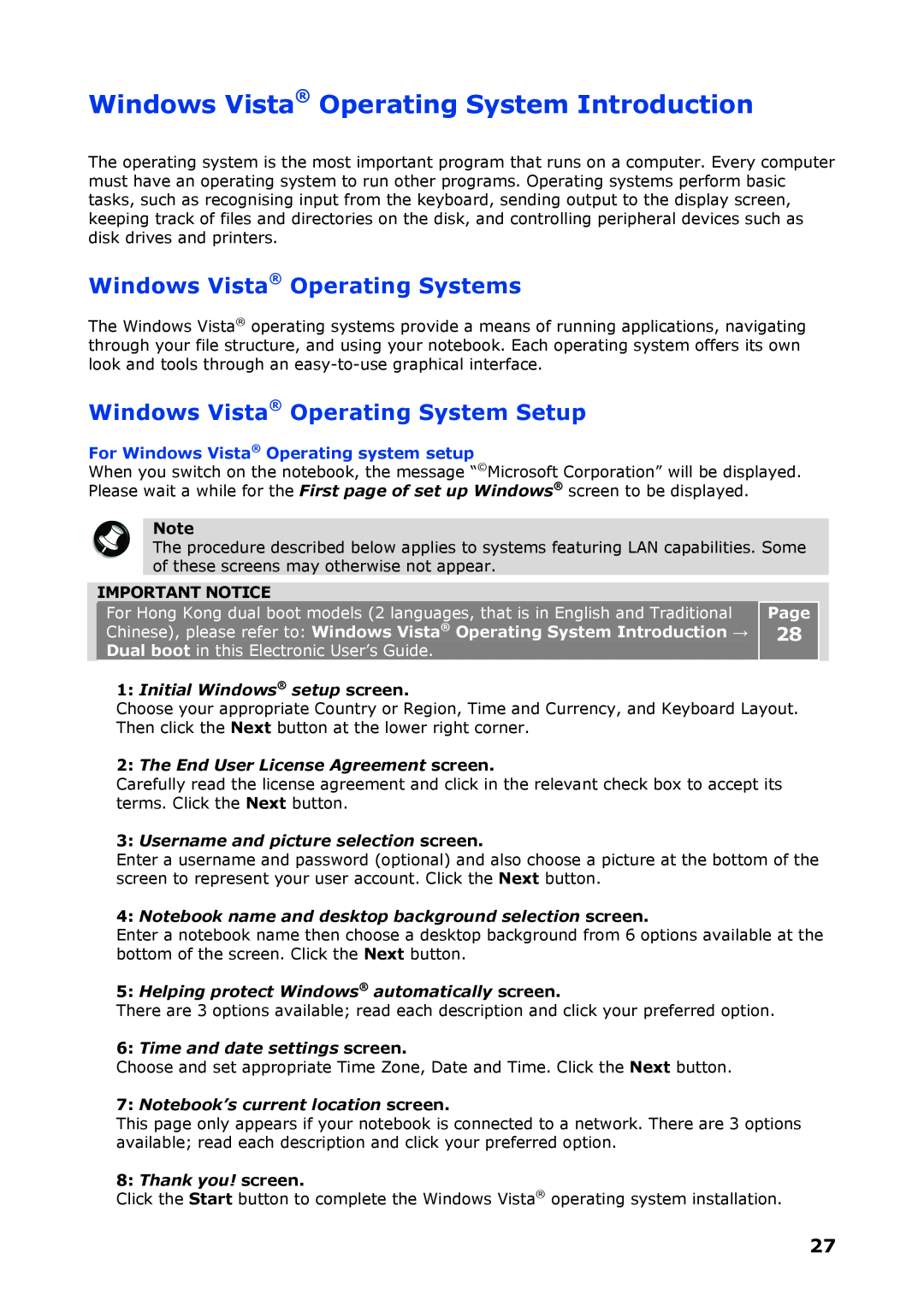 NEC P8510 manual Windows Vista Operating System Introduction, Windows Vista Operating Systems, Important Notice, Page 