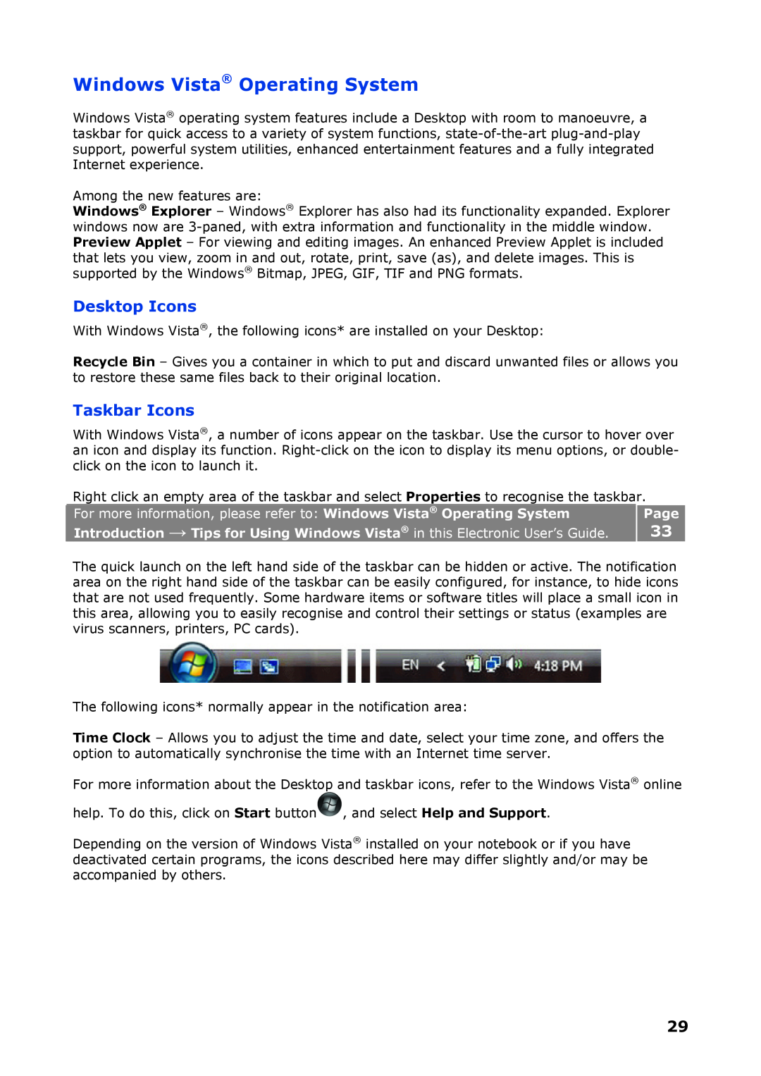 NEC P8510 manual Windows Vista Operating System, Desktop Icons, Taskbar Icons, Page 