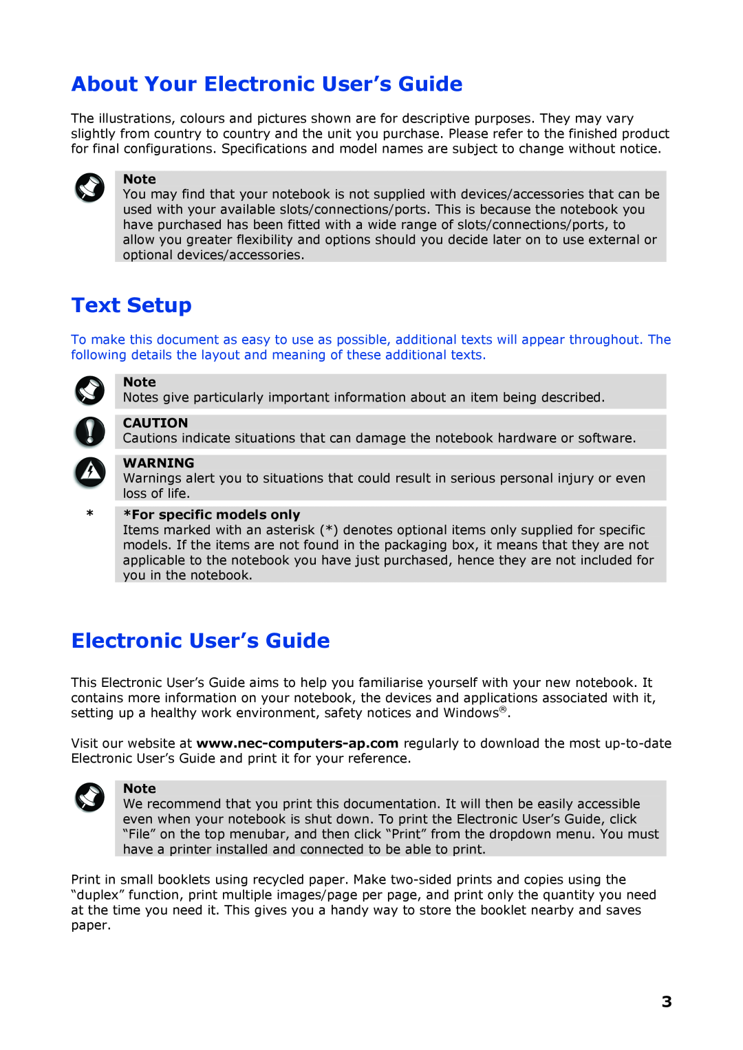 NEC P8510 manual About Your Electronic User’s Guide, Text Setup, For specific models only 