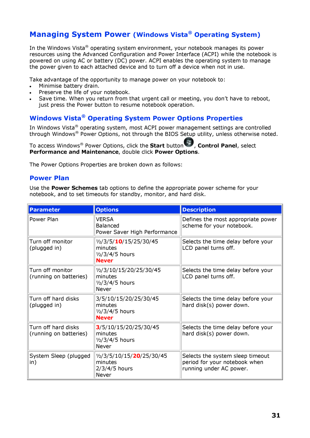 NEC P8510 Managing System Power Windows Vista Operating System, Windows Vista Operating System Power Options Properties 