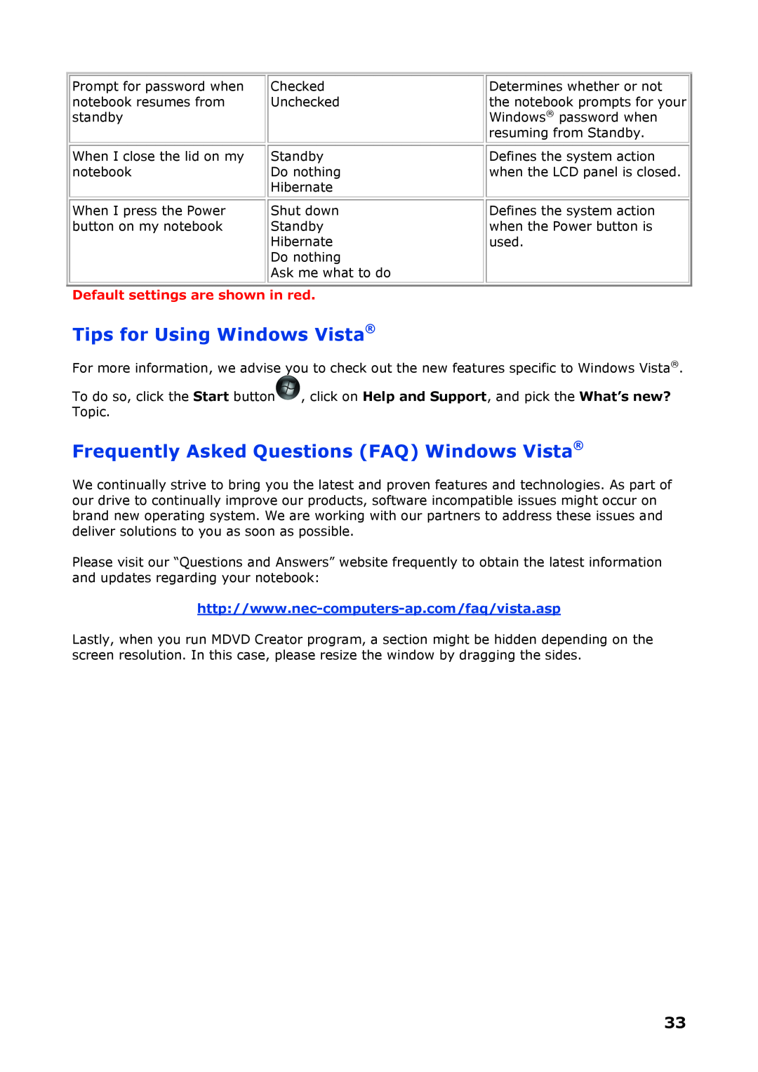 NEC P8510 Tips for Using Windows Vista, Frequently Asked Questions FAQ Windows Vista, Default settings are shown in red 