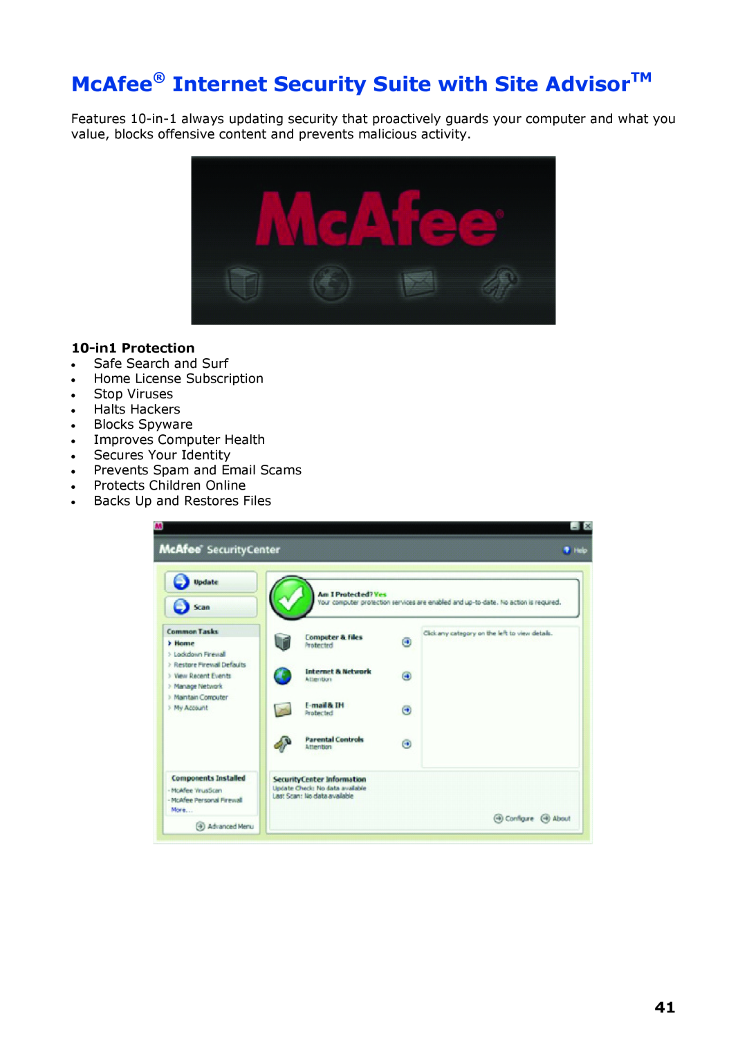 NEC P8510 manual McAfee Internet Security Suite with Site AdvisorTM, 10-in1 Protection 