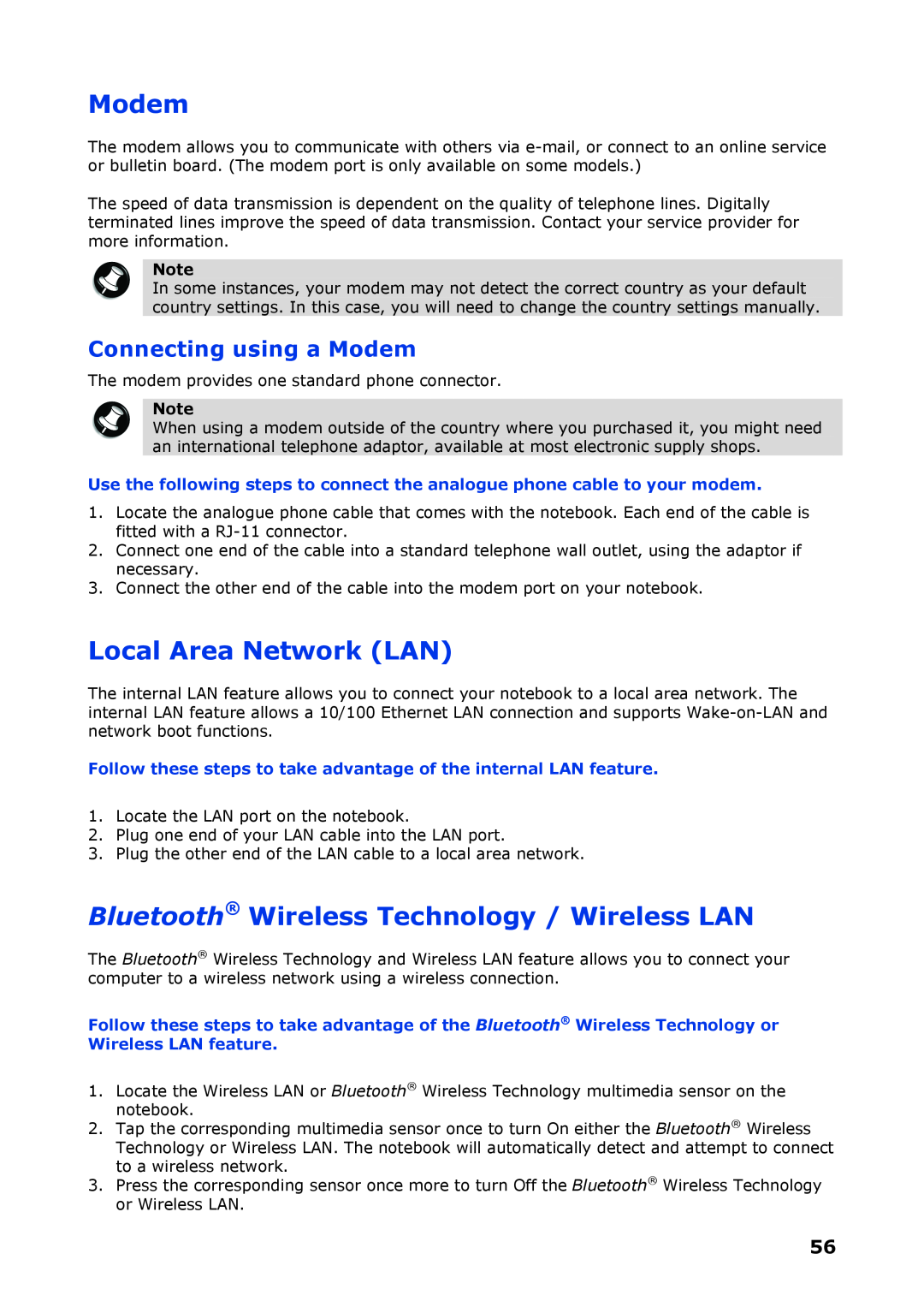 NEC P8510 manual Local Area Network LAN, Bluetooth Wireless Technology / Wireless LAN, Connecting using a Modem 