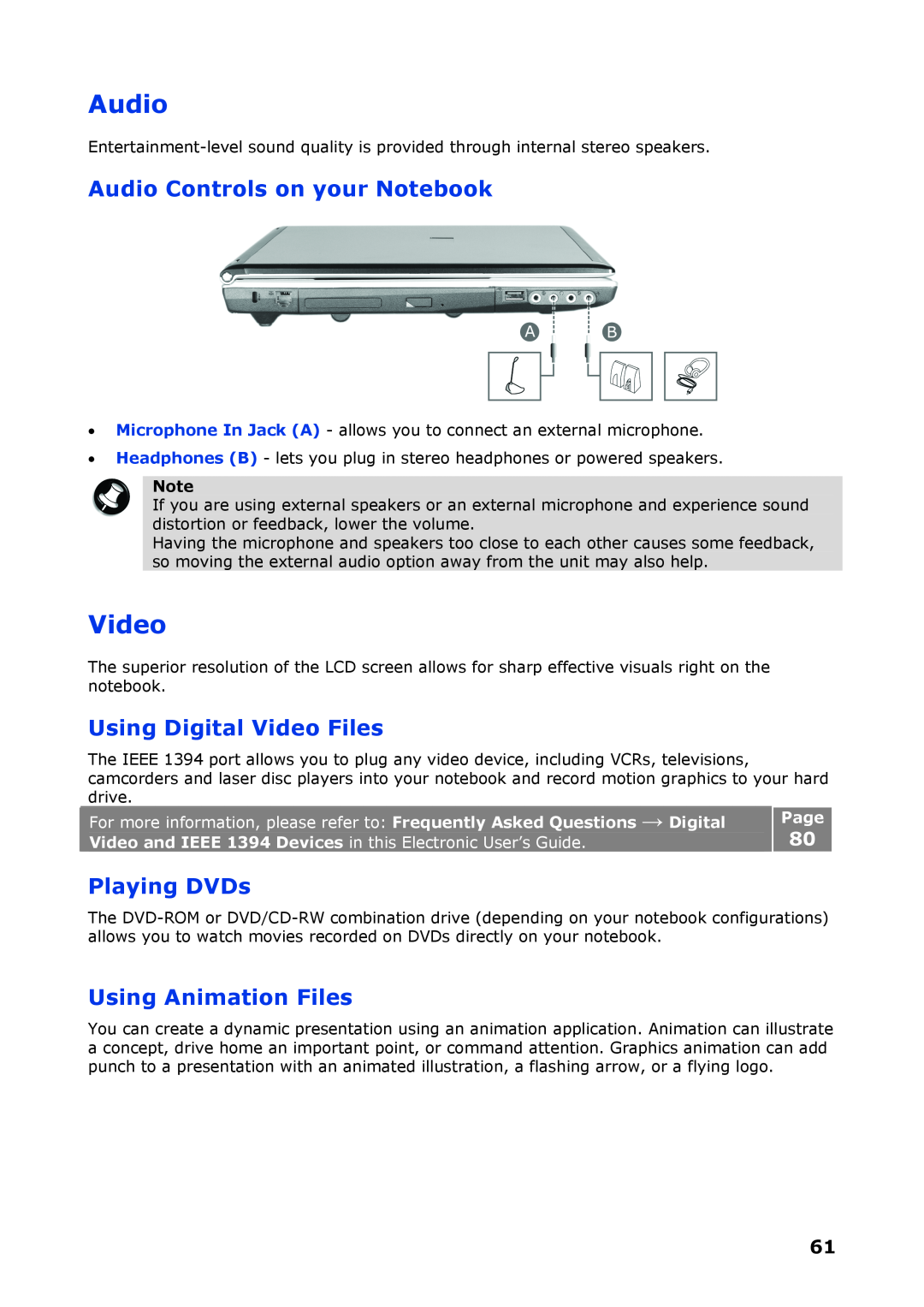 NEC P8510 Audio Controls on your Notebook, Using Digital Video Files, Playing DVDs, Using Animation Files, Page 