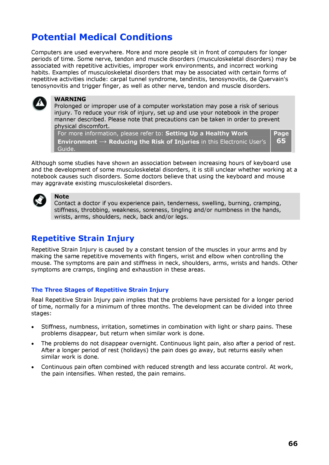 NEC P8510 manual Potential Medical Conditions, Guide, The Three Stages of Repetitive Strain Injury, Page 