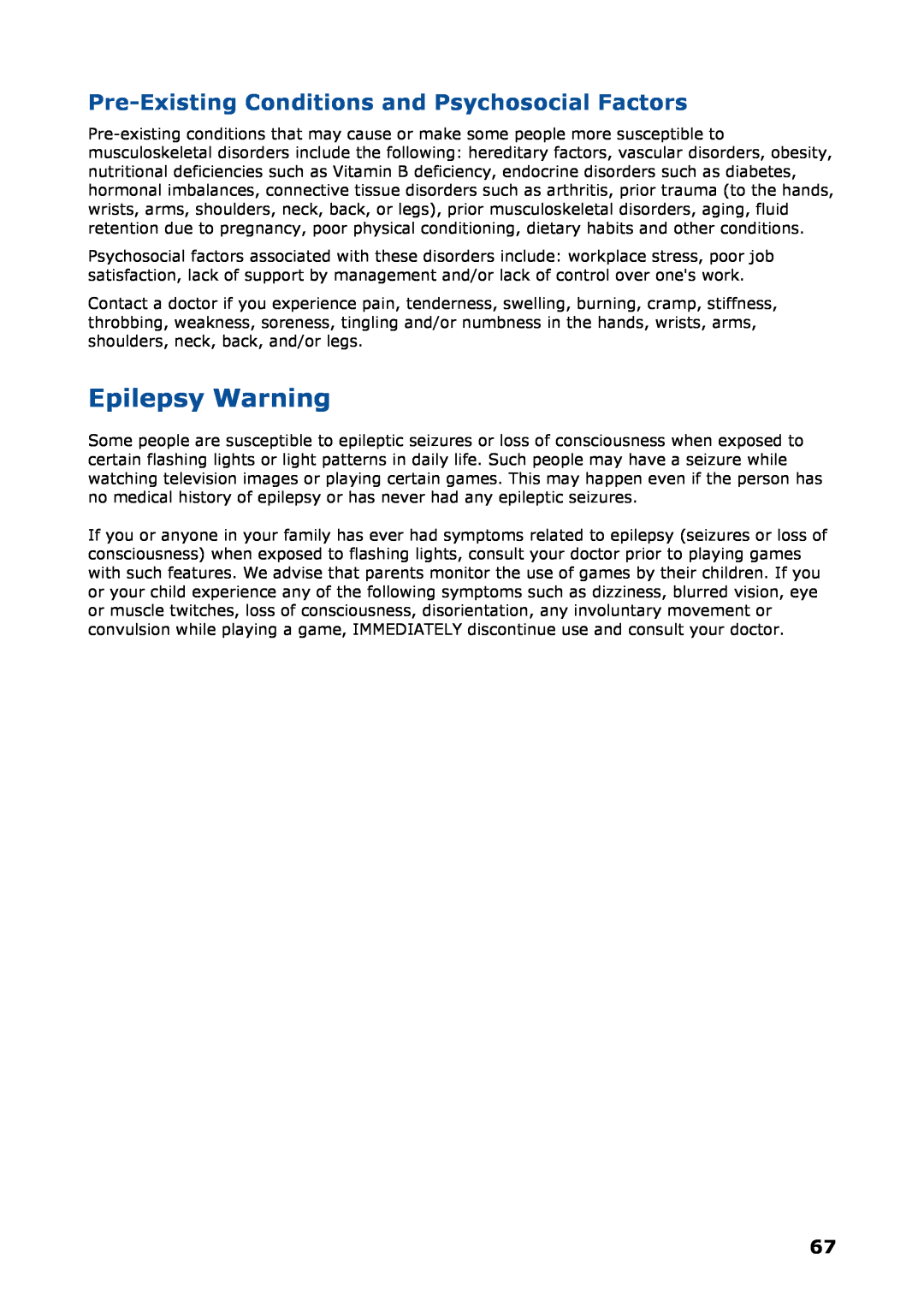 NEC P8510 manual Epilepsy Warning, Pre-Existing Conditions and Psychosocial Factors 