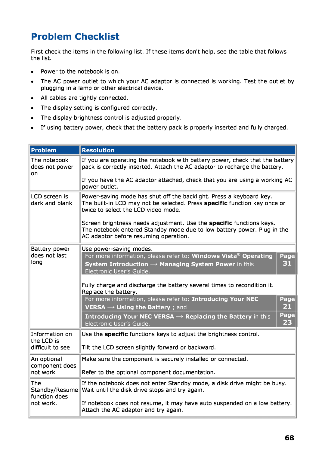 NEC P8510 Problem Checklist, Resolution, Use power-saving modes, System Introduction → Managing System Power in this, Page 
