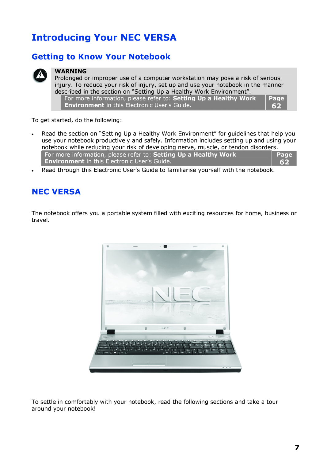 NEC P8510 Introducing Your NEC VERSA, Getting to Know Your Notebook, Nec Versa, To get started, do the following, Page 