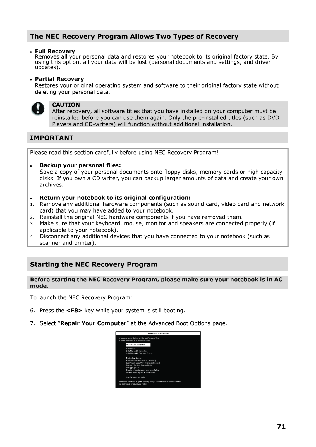 NEC P8510 manual The NEC Recovery Program Allows Two Types of Recovery, Starting the NEC Recovery Program, Full Recovery 