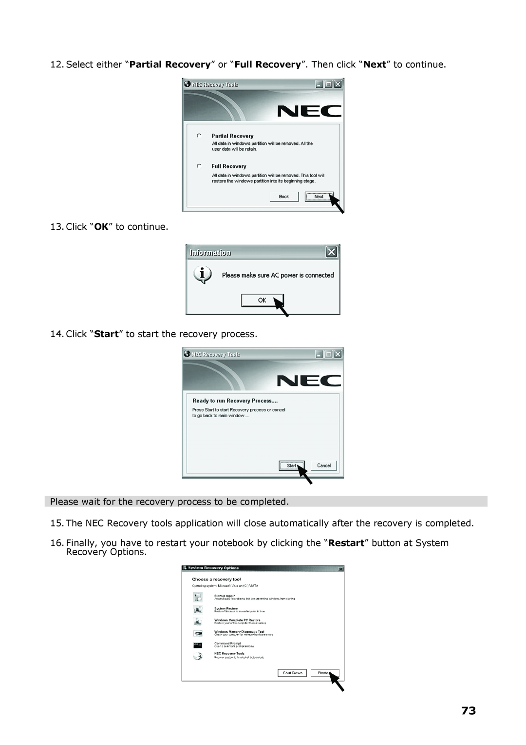 NEC P8510 manual Click “OK” to continue, Click “Start” to start the recovery process 