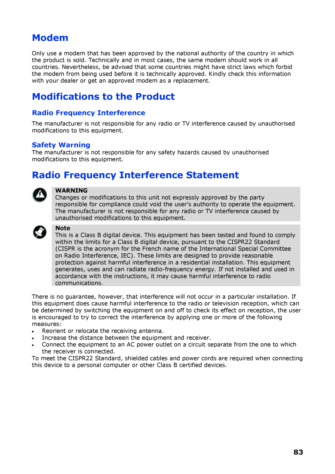 NEC P8510 manual Modifications to the Product, Radio Frequency Interference Statement, Safety Warning, Modem 