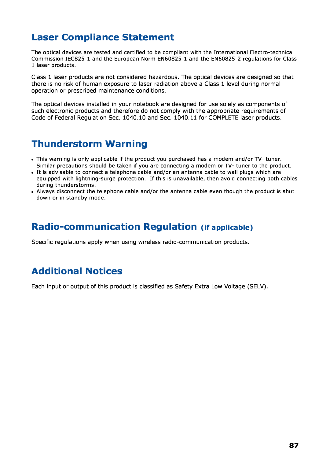 NEC P8510 manual Laser Compliance Statement, Thunderstorm Warning, Radio-communication Regulation if applicable 