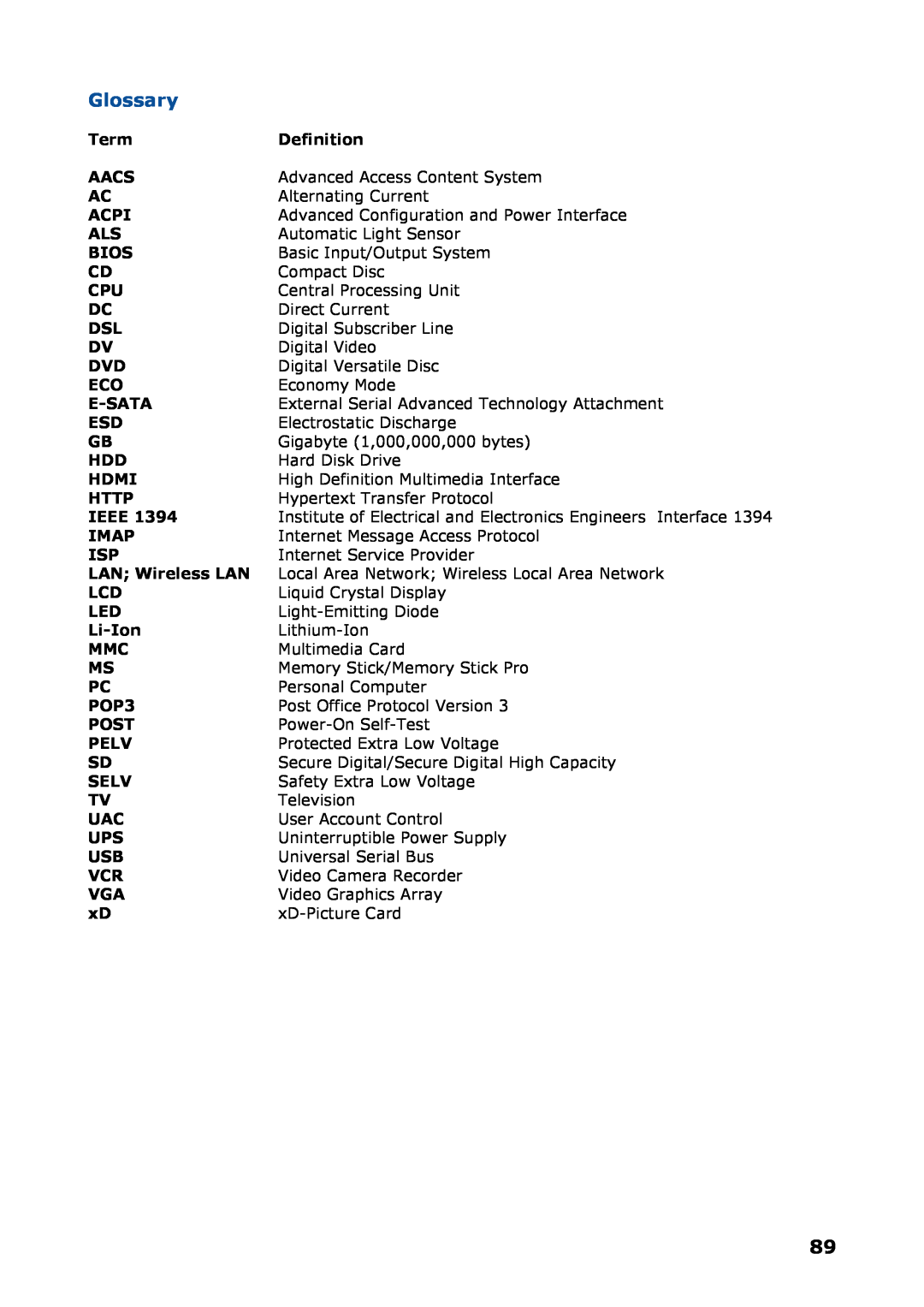 NEC P8510 Glossary, Term, Definition, Aacs, Acpi, Bios, E-Sata, Hdmi, Http, Ieee, Imap, Li-Ion, POP3, Post, Pelv, Selv 