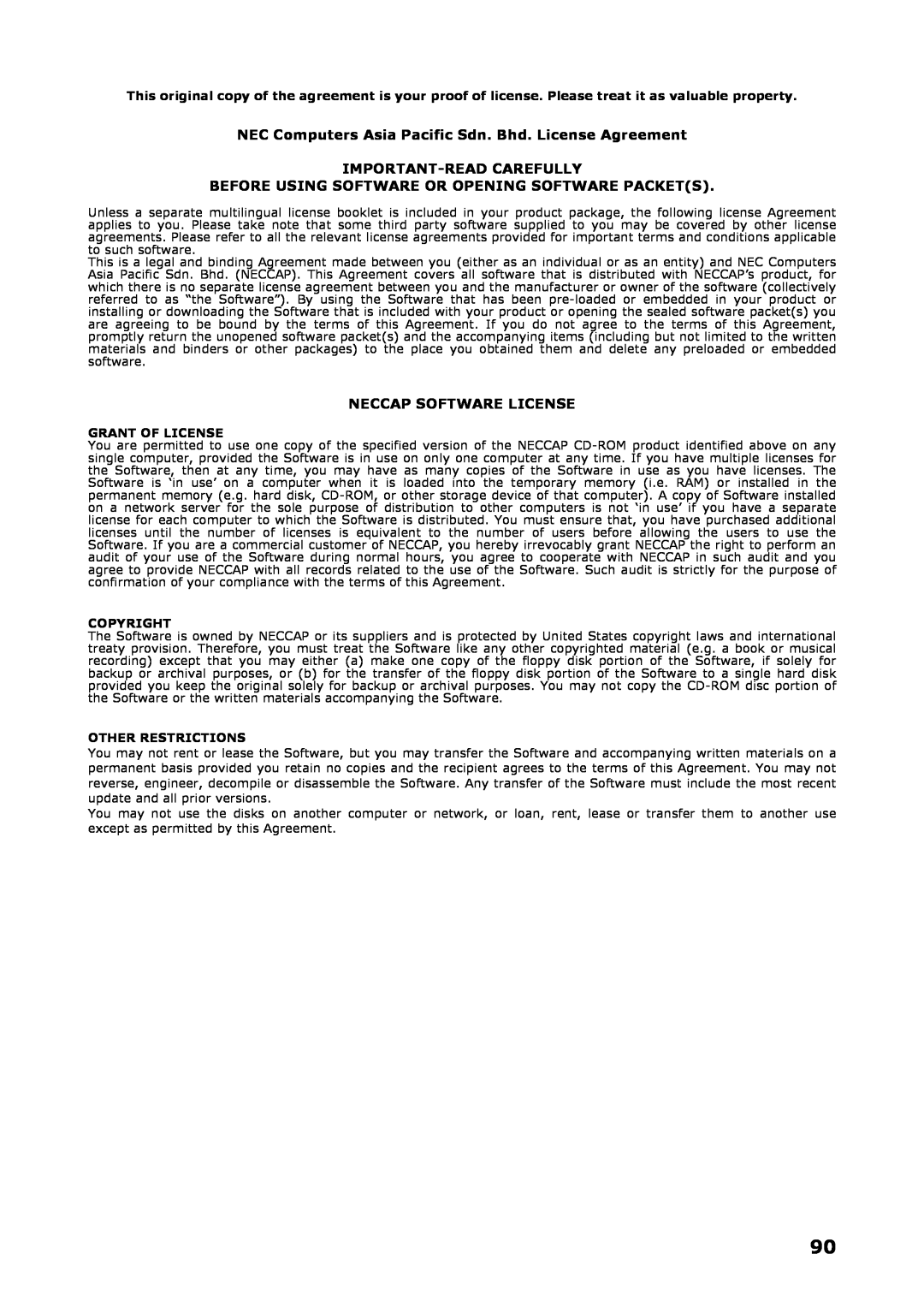NEC P8510 manual NEC Computers Asia Pacific Sdn. Bhd. License Agreement, Important-Read Carefully, Neccap Software License 