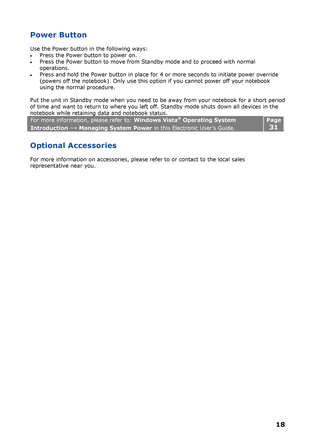 NEC P8510 manual Power Button, Optional Accessories 