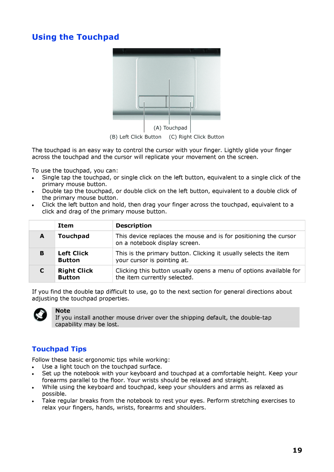 NEC P8510 manual Using the Touchpad, Touchpad Tips, Touchpad Left Click Button Right Click Button Description 