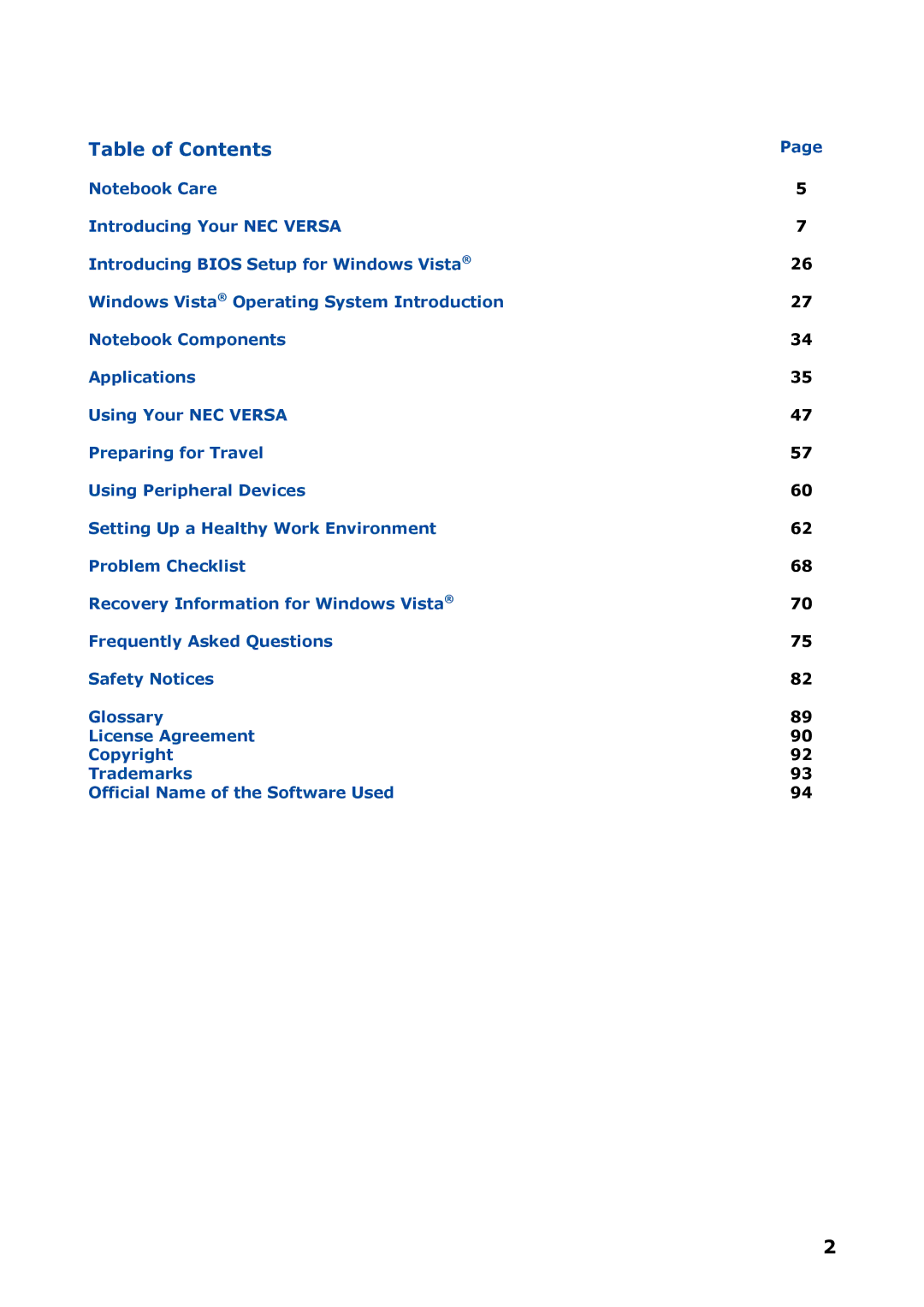 NEC P8510 manual Table of Contents 