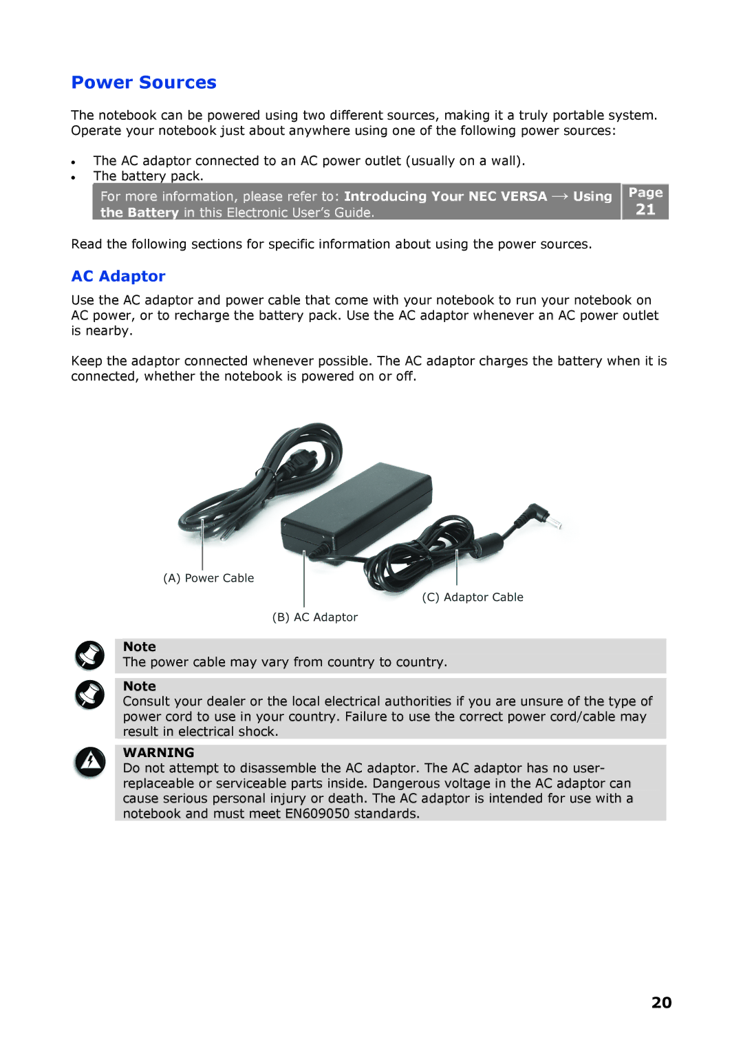 NEC P8510 manual Power Sources, AC Adaptor 