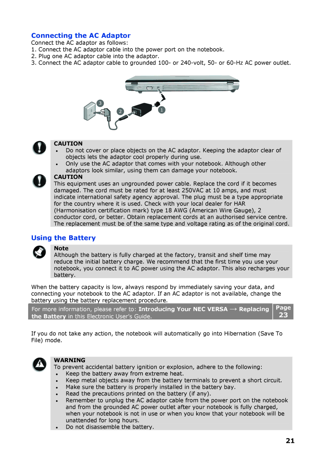 NEC P8510 manual Connecting the AC Adaptor, Using the Battery 