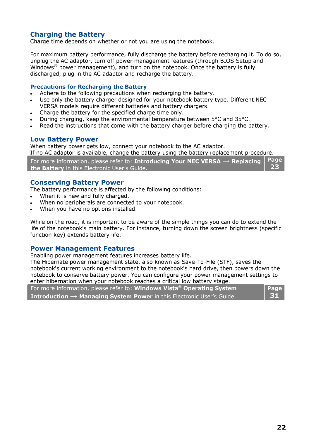 NEC P8510 manual Charging the Battery, Low Battery Power, Conserving Battery Power, Power Management Features 