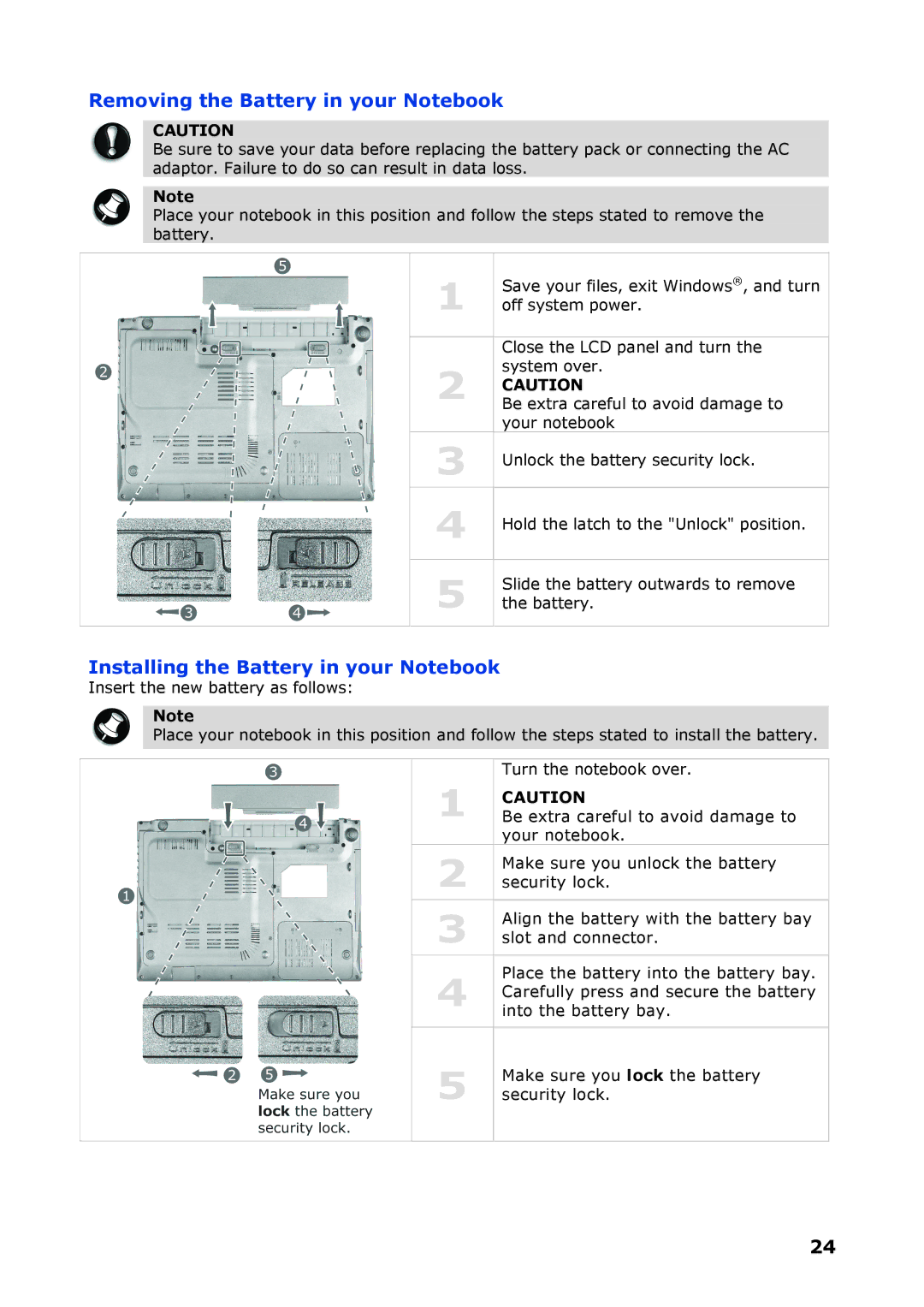 NEC P8510 manual Removing the Battery in your Notebook, Installing the Battery in your Notebook 