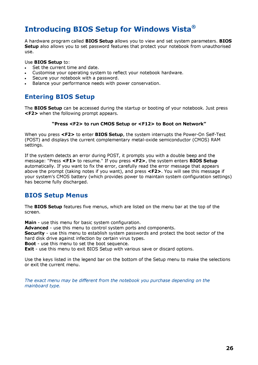 NEC P8510 manual Introducing Bios Setup for Windows Vista, Entering Bios Setup, Bios Setup Menus, Use Bios Setup to 