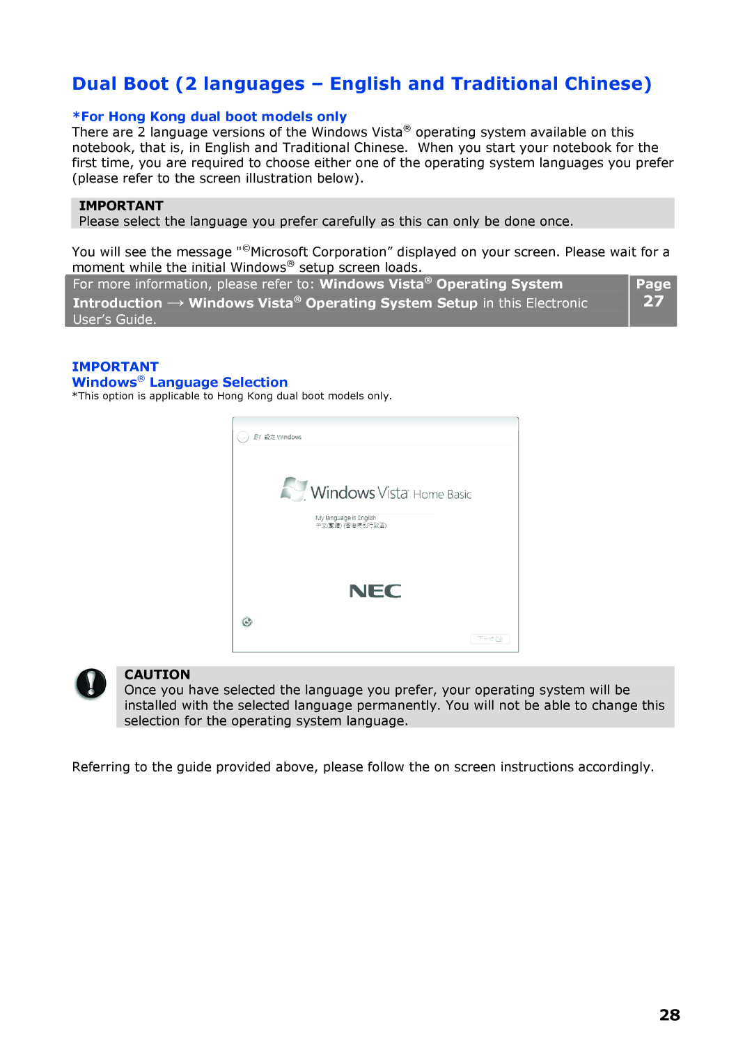 NEC P8510 manual Dual Boot 2 languages English and Traditional Chinese, For Hong Kong dual boot models only 