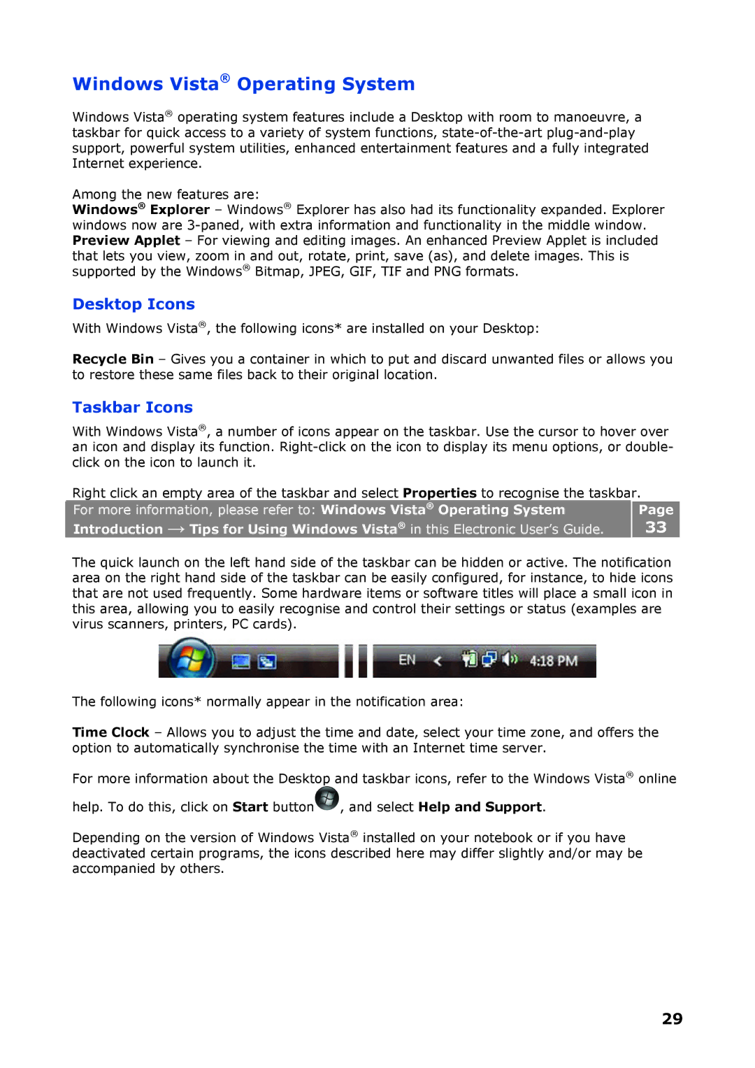 NEC P8510 manual Windows Vista Operating System, Desktop Icons, Taskbar Icons 