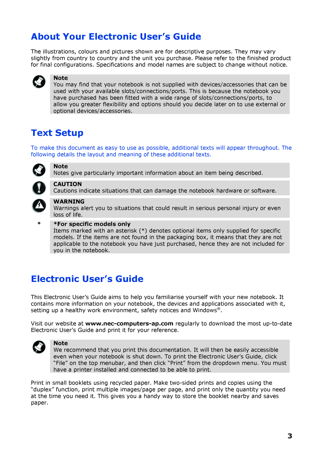 NEC P8510 manual About Your Electronic User’s Guide, Text Setup, For specific models only 