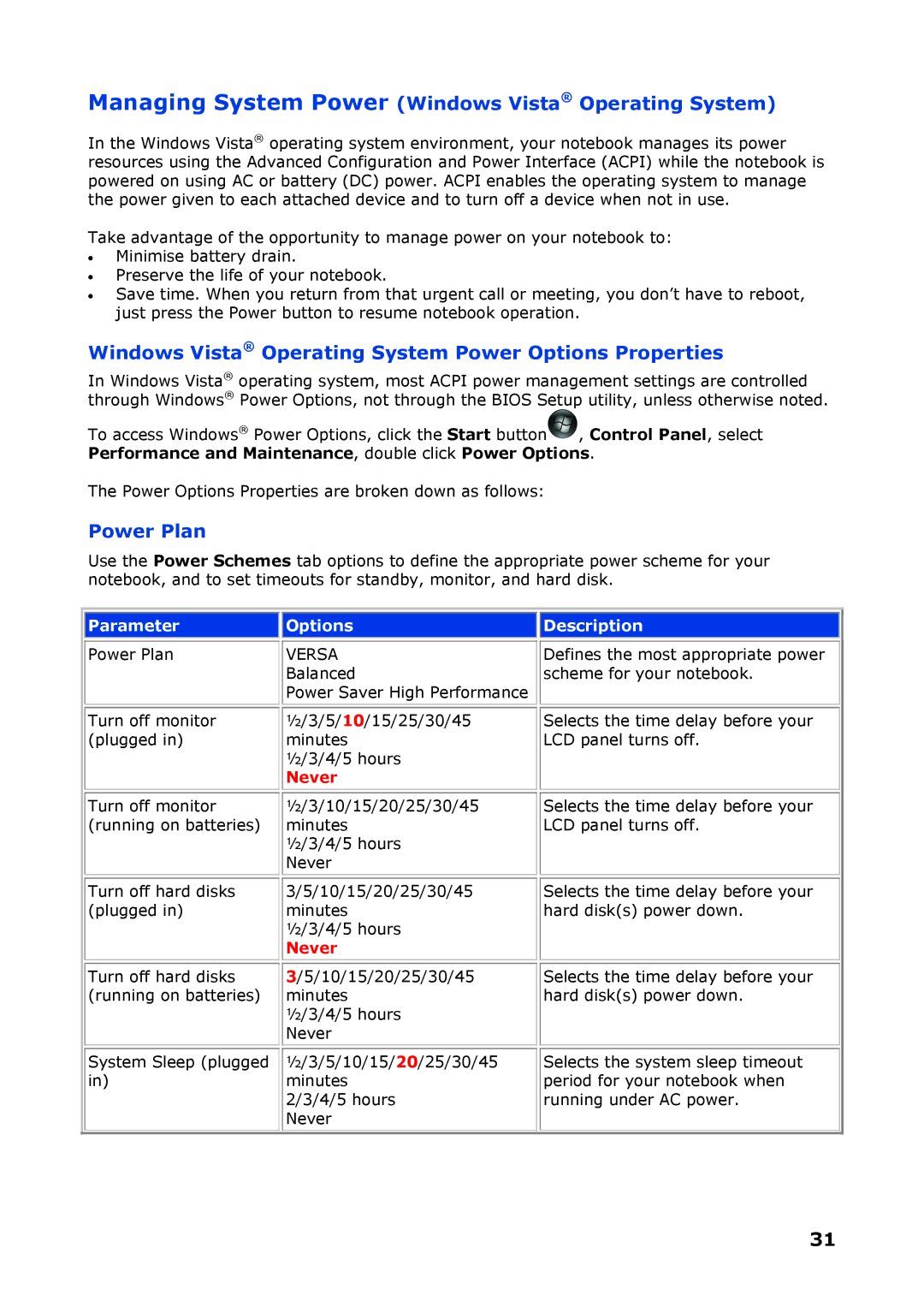 NEC P8510 Managing System Power Windows Vista Operating System, Windows Vista Operating System Power Options Properties 